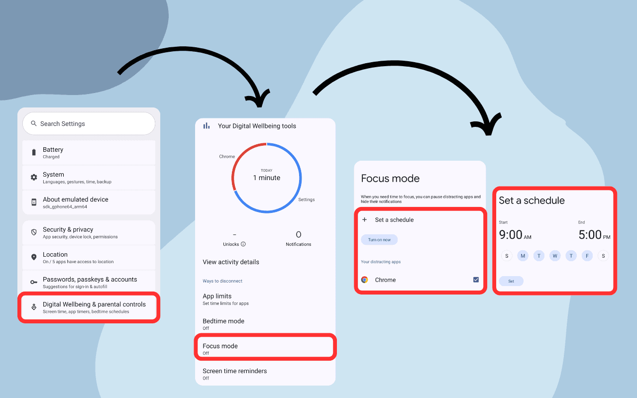 Screenshot of Android Digital Wellbeing Focus mode settings